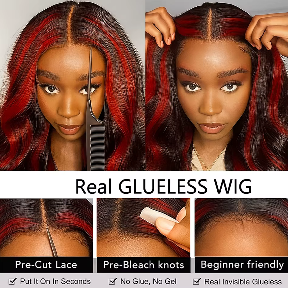 Perruque 1B/99J Highlight en cheveux humains, 13x4 HD Body Wave Lace Frontal, colorée rouge et noir,
