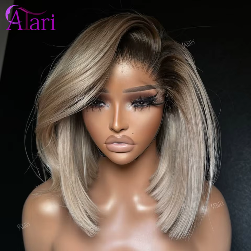Perruque Bob courte Blonde cendrée avec racines brunes, cheveux naturels lisses, Transparent, 13x4, 