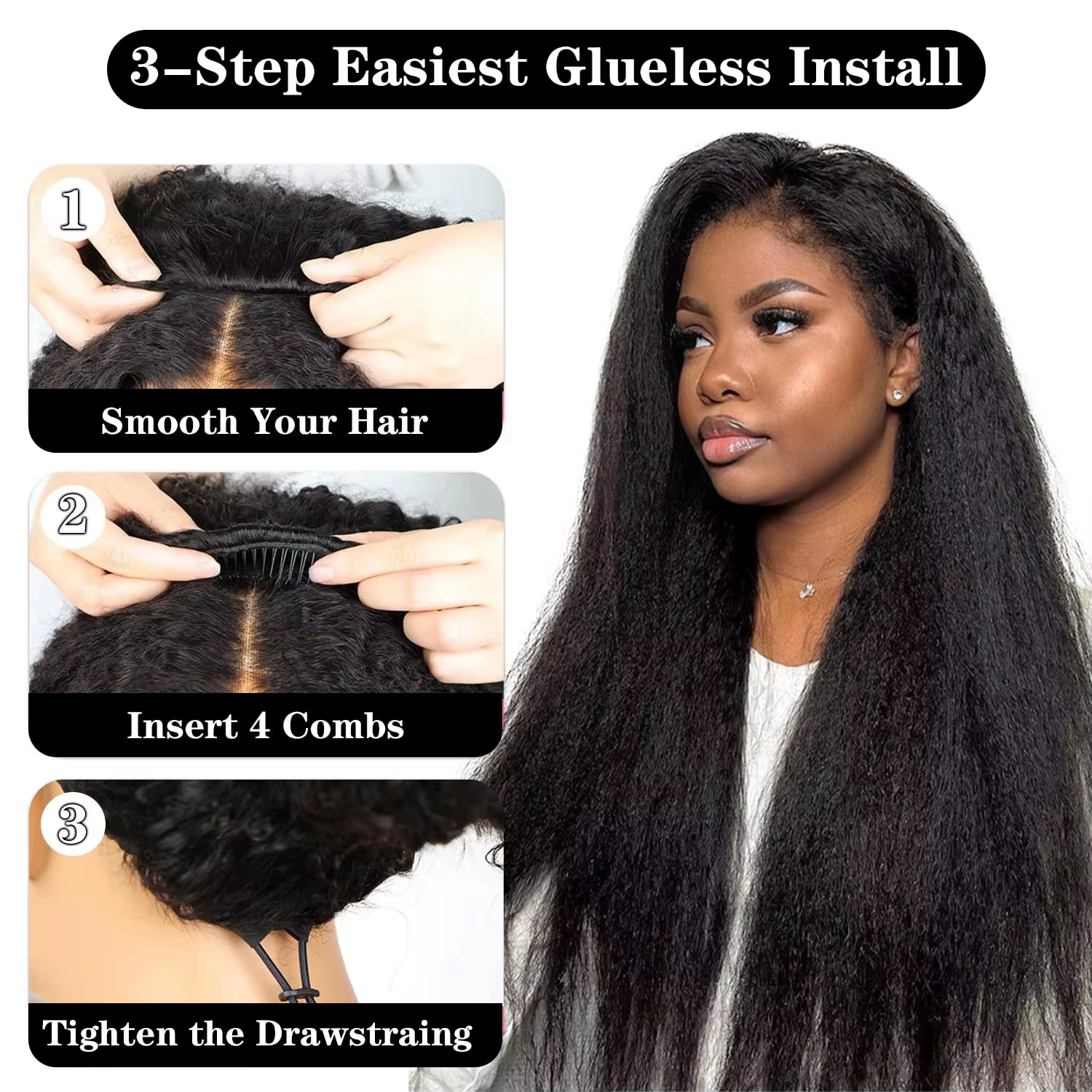Perruque mi-tête Kinky Straight en cheveux humains, sans colle, prête à porter, 3-en-1, avec cordon 