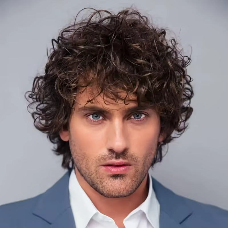 Perruque Courte Bouclée Marron Foncé en Fibre Synthétique pour Hommes – Extensions Capillaires Respi