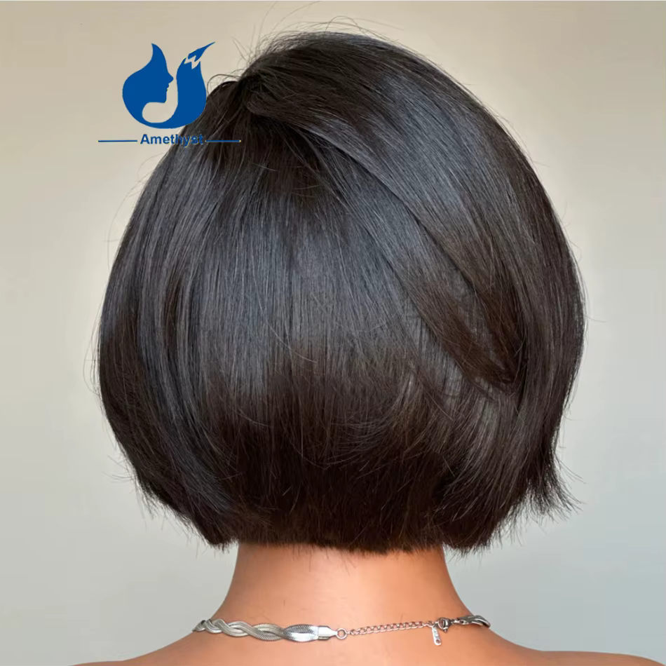 ALANDING YST − Perruque naturelle courte, avec bonnet en dentelle, cheveux lisses, 13x6, coupe pixie