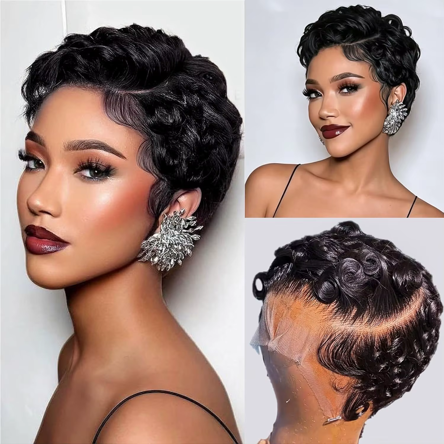Perruque synthétique noire naturelle coupe pixie, dentelle HD 13x4. Cheveux bouclés courts et superp
