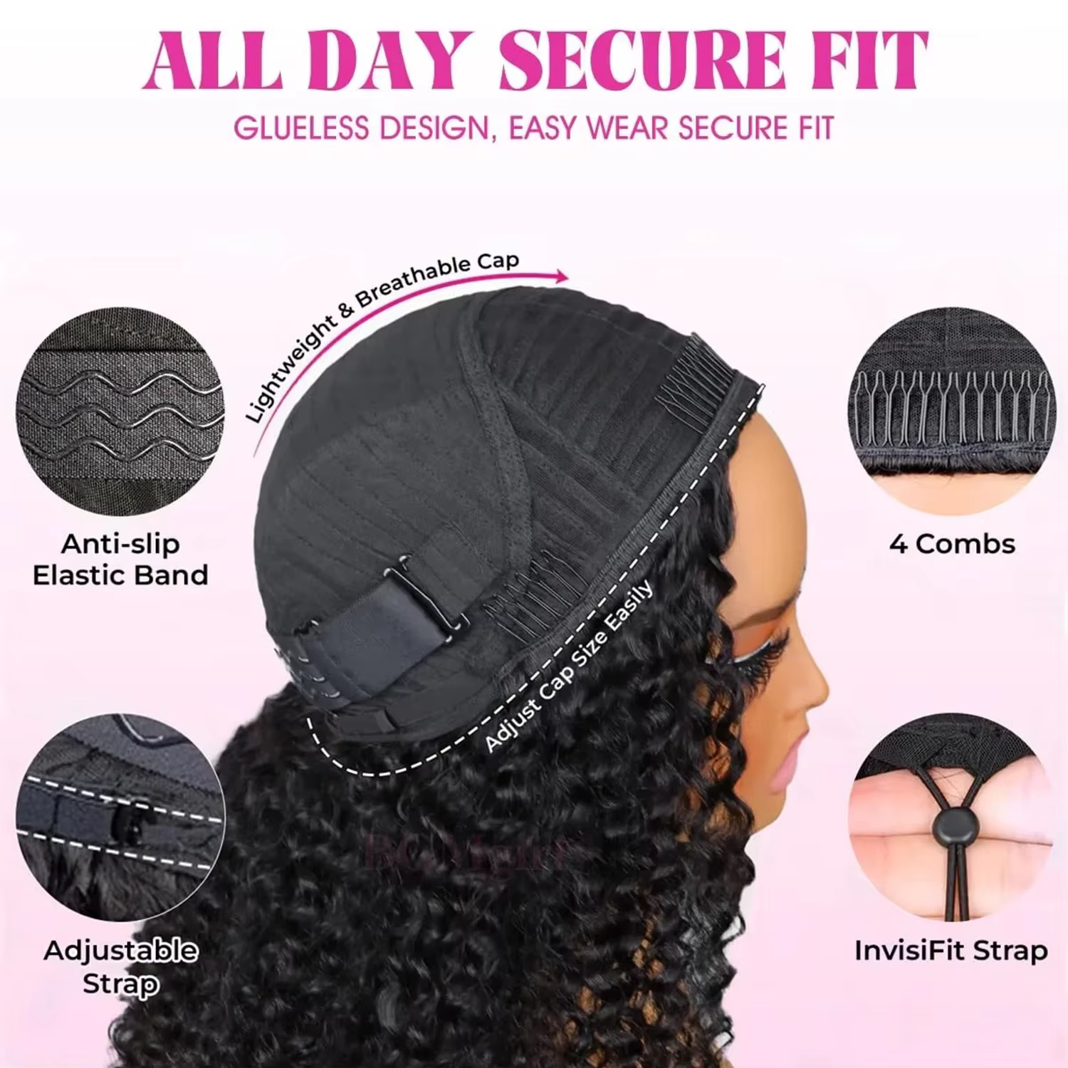 Perruques en cheveux humains sans colle, densité 250%, bouclées birmanes, avec bandeau, version amél