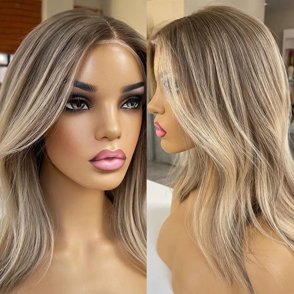 Mèches cheveux humains dentelle avant perruques brun mélange blond cendré 13*6 dentelle frontale per
