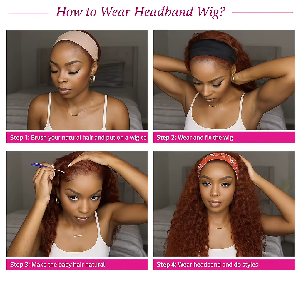 Perruque bandeau brun rougeâtre cheveux humains vague d'eau bandeau perruques cheveux humains bouclé