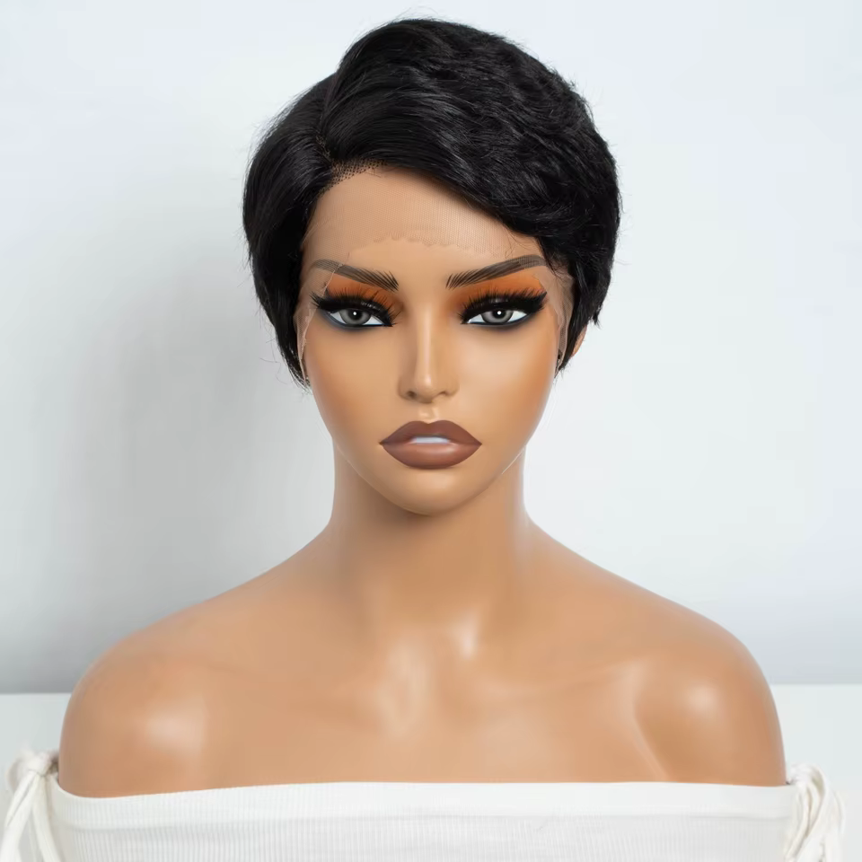 Lekker noir court coupe lutin 13X1 C partie dentelle avant 100% perruque de cheveux humains pour les