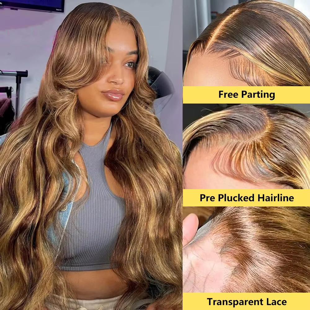 Perruque Lace Front Wig Body Wave Brésilienne Naturelle, Cheveux à Reflets Colorés, 13x4, Densité 20