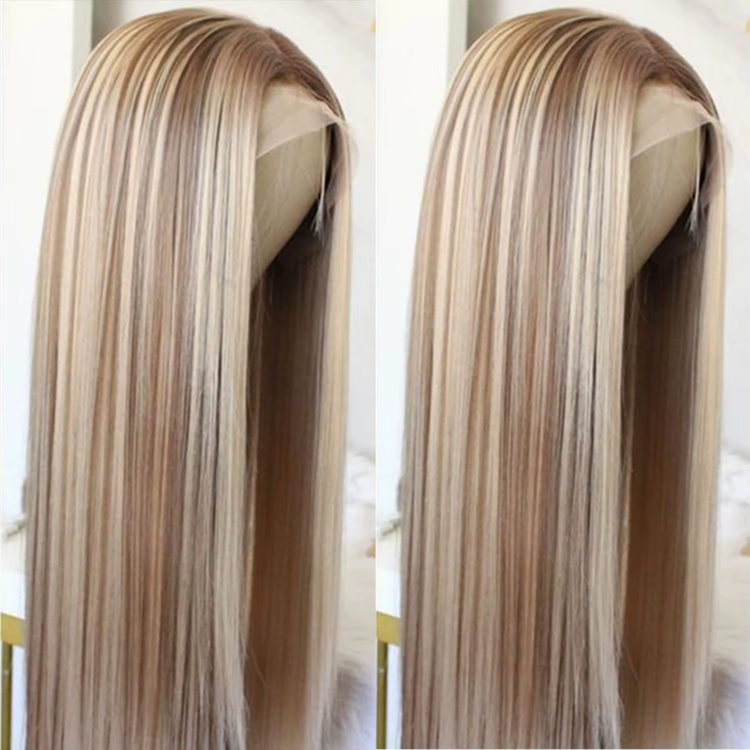 Perruque Lace Front Wig synthétique lisse à reflets bruns, perruque Lace Front Wig 13x4 pre-plucked 