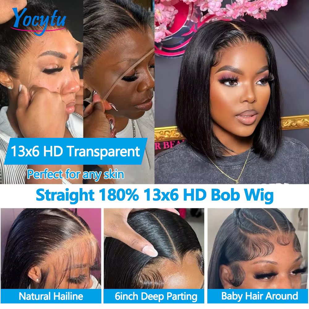 Perruque Bob Lace Front YOCYTU 13x6 en cheveux humains, 12 pouces, courte et droite, pré-épilée, ave