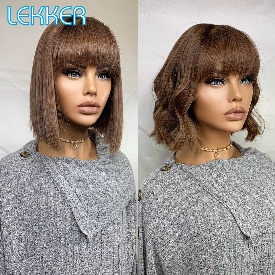 Lekker Ombre brun court droit Bob 100% perruque de cheveux humains avec frange pour les femmes brési