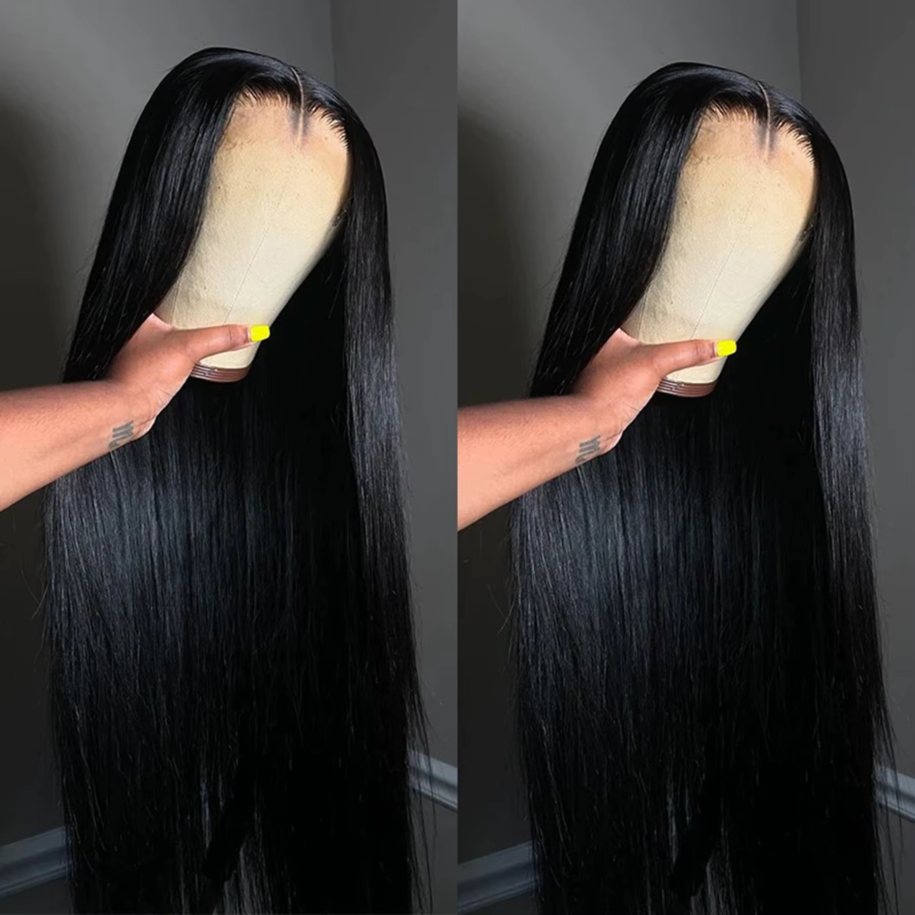Perruque Lace Frontal Wig synthétique lisse et douce, couleur noire, 13x4 HD, pre-plucked, nœuds déc