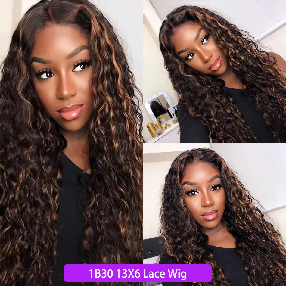 Perruque Lace Front Wig naturelle bouclée à reflets, cheveux humains, Deep Wave, 13x6, 13x4, Hd, P4/
