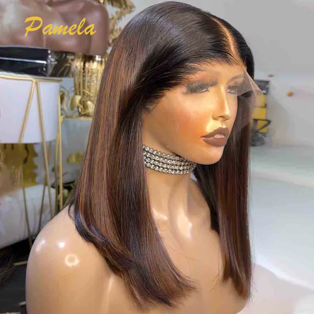 Perruques Bob coupe lutin cheveux humains Ombre couleur marron Bob perruque de cheveux humains 13x6