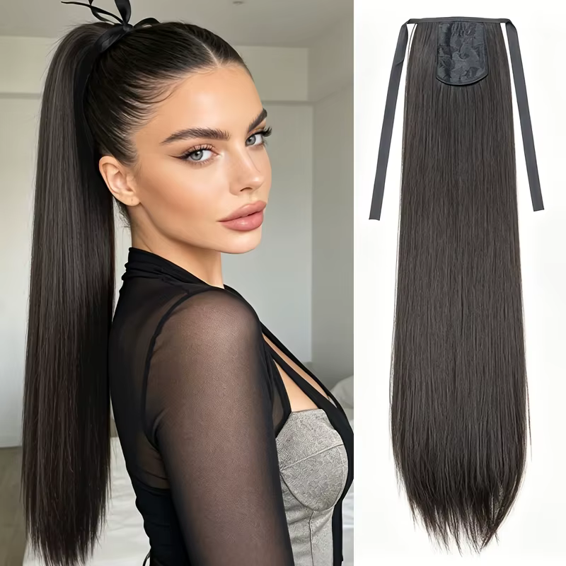 Extensions de cheveux synthétiques longues à nouer en queue de cheval, postiches à enrouler pour fem