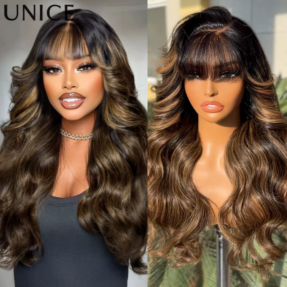 UNice cheveux Balayage met en évidence moelleux vague lâche rideau frange perruque avec cordon sans