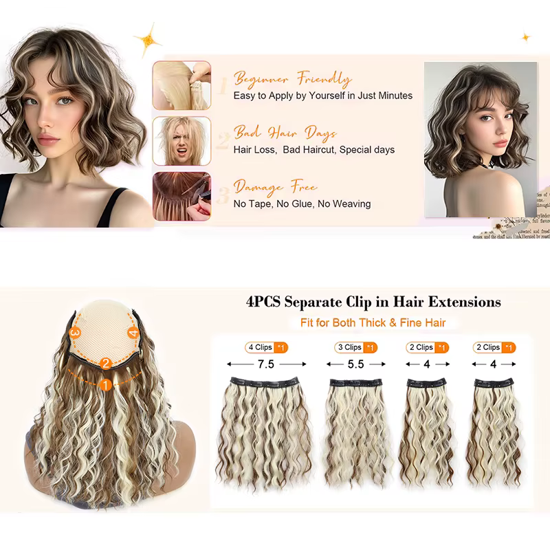 4 pièces/ensemble pince synthétique dans les Extensions de cheveux courte ondulation d'eau morceaux 
