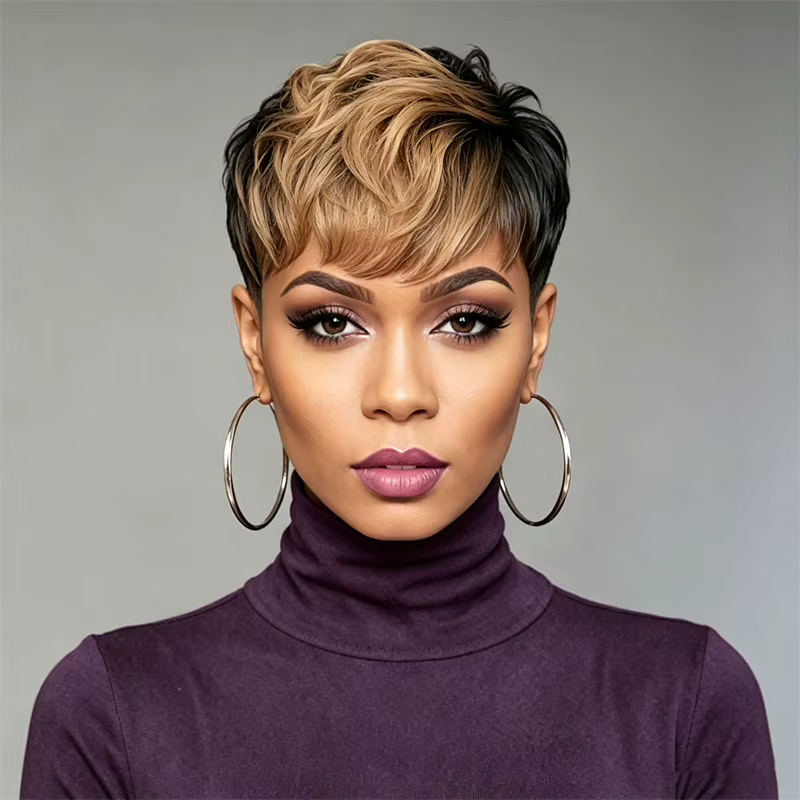 Perruque Pixie Cut en cheveux humains, entièrement fabriquée à la machine, avec frange, texture bouc