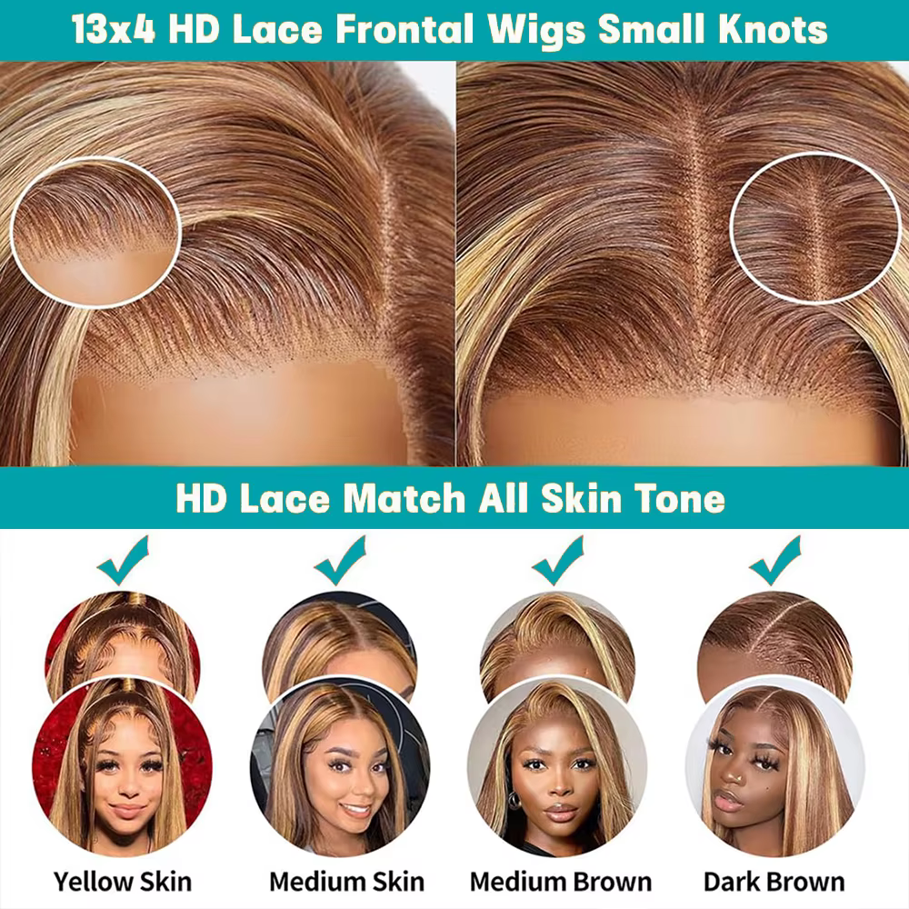 Perruque Lace Front Wig naturelle lisse à reflets P4/27, 13x6, perruque ombrée de couleur blond miel