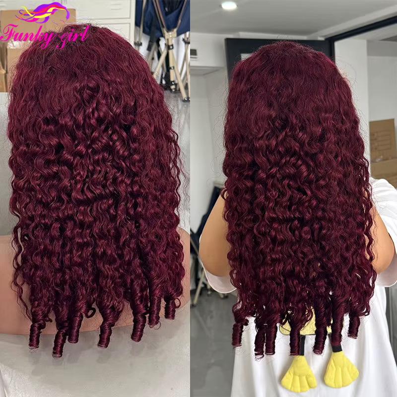 99J birman bouclés perruques de cheveux humains 13x4 dentelle avant perruque pour les femmes bordeau