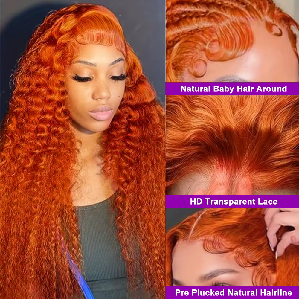 Perruques Lace Front 13x6 à boucles profondes couleur gingembre haute densité de 36 pouces # Perruqu
