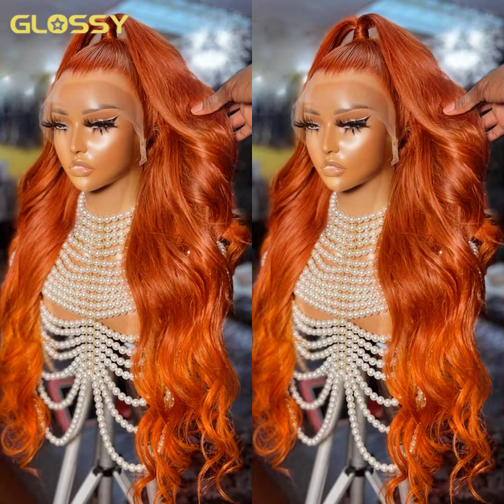 30 34 pouces gingembre Orange 13x6 dentelle avant perruques cheveux humains sans colle couleur vague