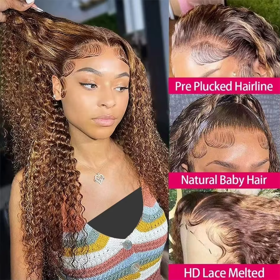 Perruque Lace Frontal Wig brésilienne bouclée, cheveux naturels, Deep Wave, 13x4, 13x6, Hd, à reflet