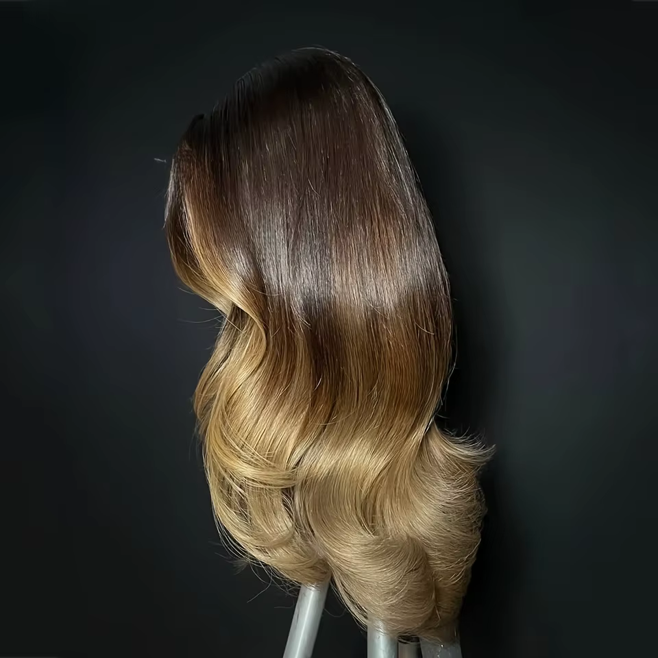 Perruque en cheveux humains juives sans colle, longue, blonde ombrée, 24 pouces, ondulée douce, base