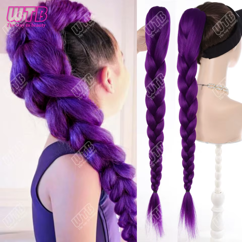 Perruque synthétique tressée violette de 70 cm, style à clipser, avec cordon de serrage, adaptée aux