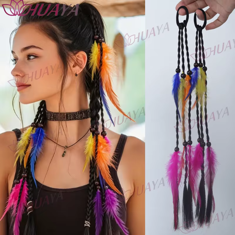 Extensions de cheveux synthétiques en plumes de style bohème pour femmes, 2 pièces/ensemble, attache