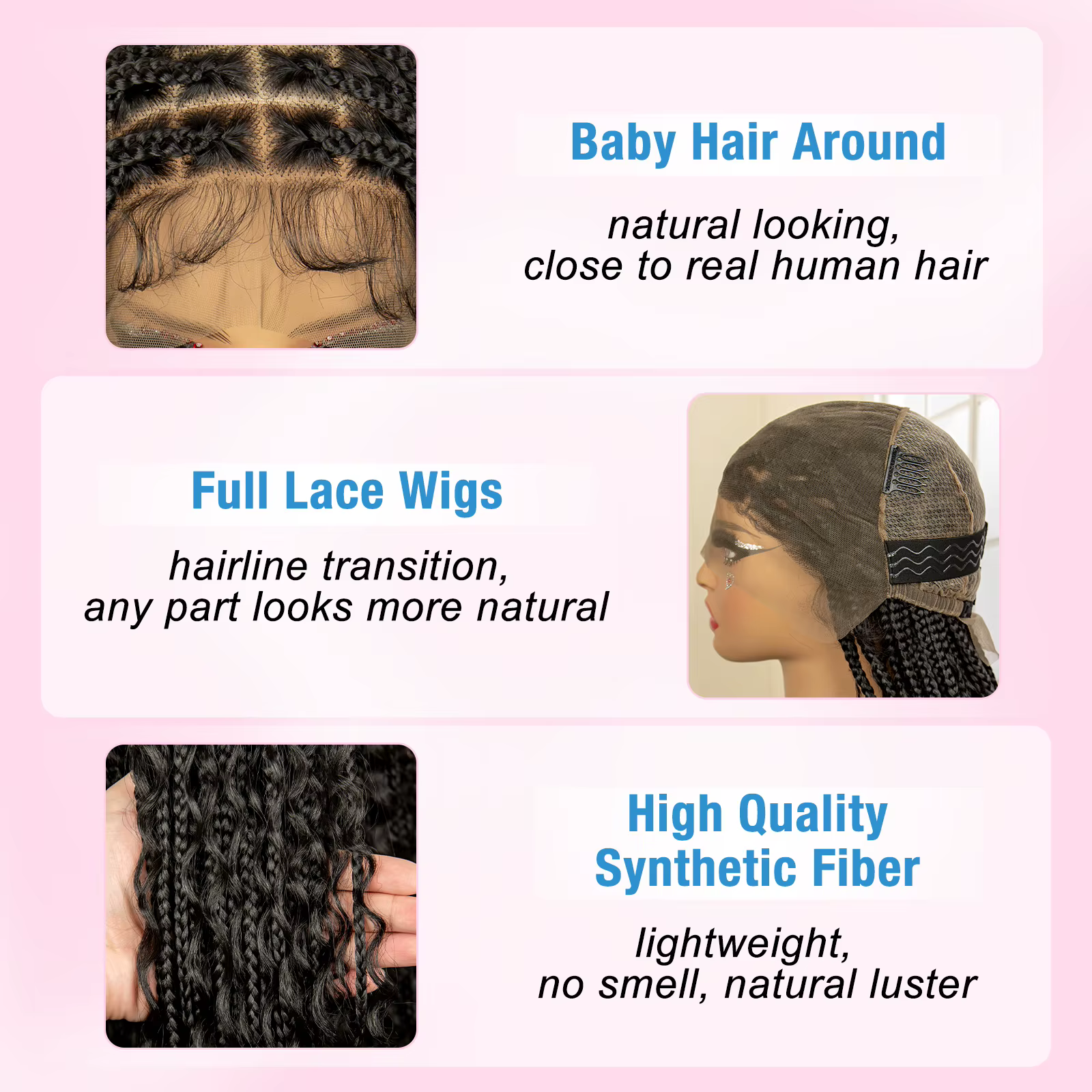 Perruques tressées Boho longues de 36 pouces avec cheveux de bébé, perruque synthétique pleine dente