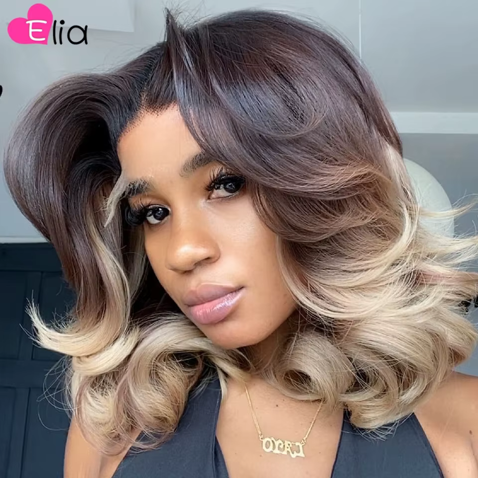 Perruque Bob Lace Front Wig brésilienne naturelle, cheveux courts, couleur marron et blond, 13x4, Bo