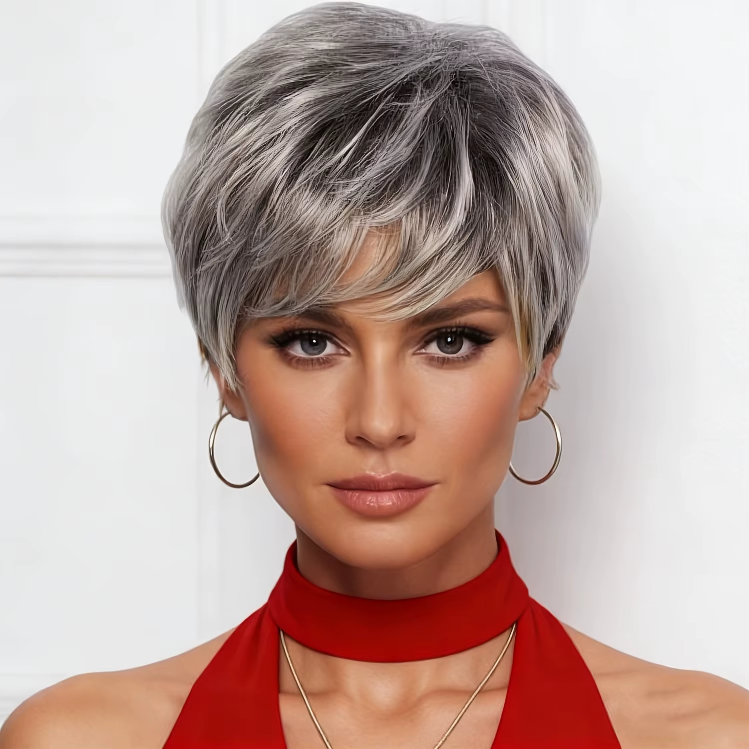 Perruque courte gris-argent pour femme, style elfe, avec franges et dégradé naturel, perruque synthé