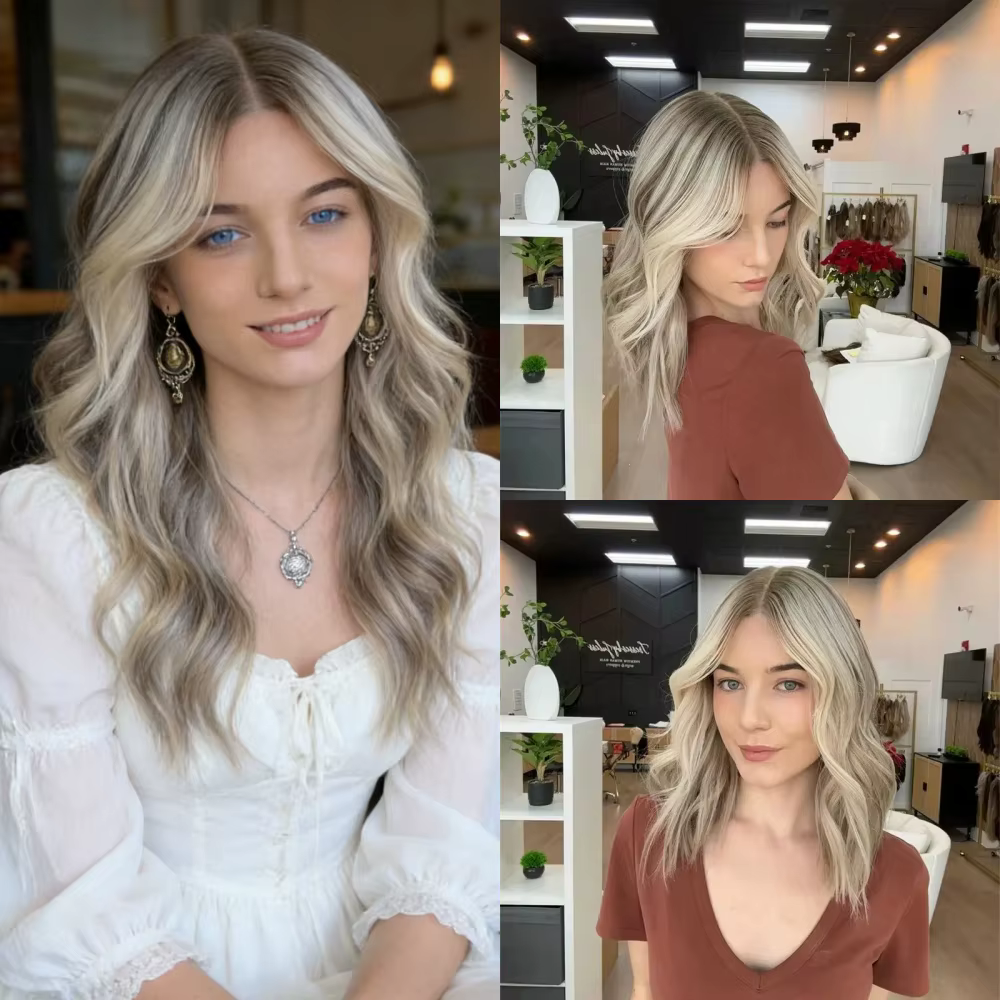 Perruques Lace Front Blondes Ombrées à Racines Foncées pour Femmes, Courtes, Ondulées, en Fibre Rési
