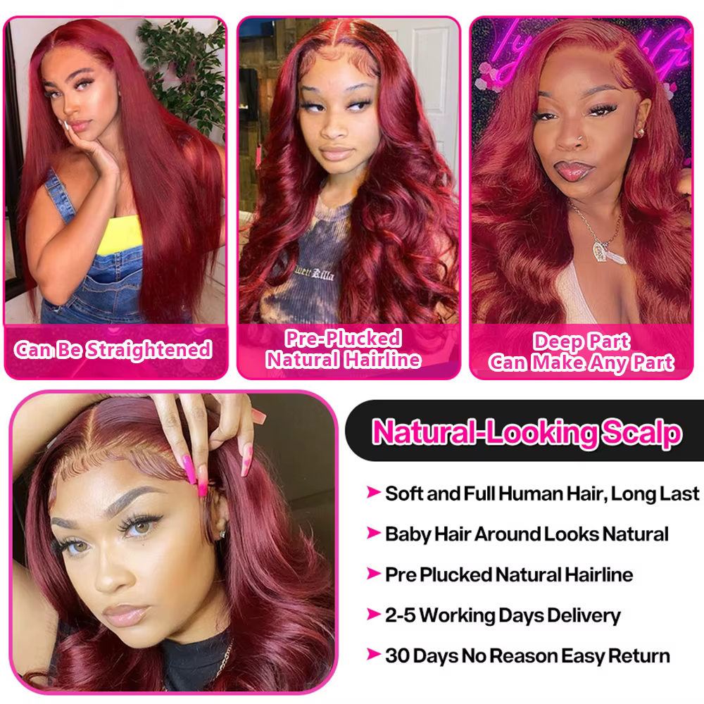 Perruque Lace Front Wig Body Wave naturelle Remy, cheveux humains, couleur bordeaux, 13x4, HD, 99J,