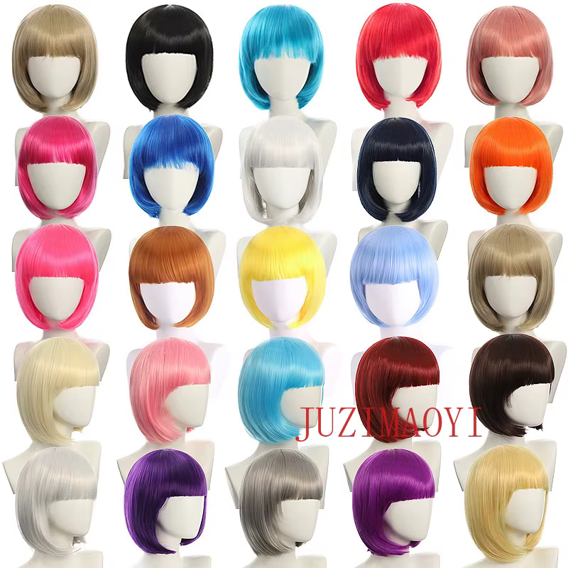 Perruque synthétique Bob courte d'halloween pour femmes, avec frange, Blonde ombrée rose, Cosplay Lo