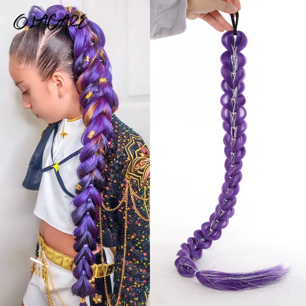32 pouces tressé violet cheveux queue de cheval avec guirlandes perruque Super Extensions brillant g