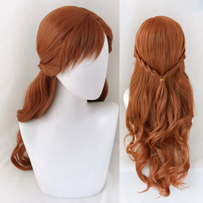 Anna Cosplay perruque princesse tressé longue marron ondulé résistant à la chaleur cheveux synthétiq