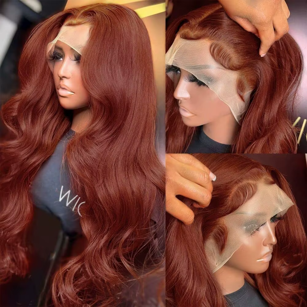 Perruque Lace Frontale 13x6 en Cheveux Humains Ondulés Rougeâtre Brun, Pré-épilée, Colorée, avec Den