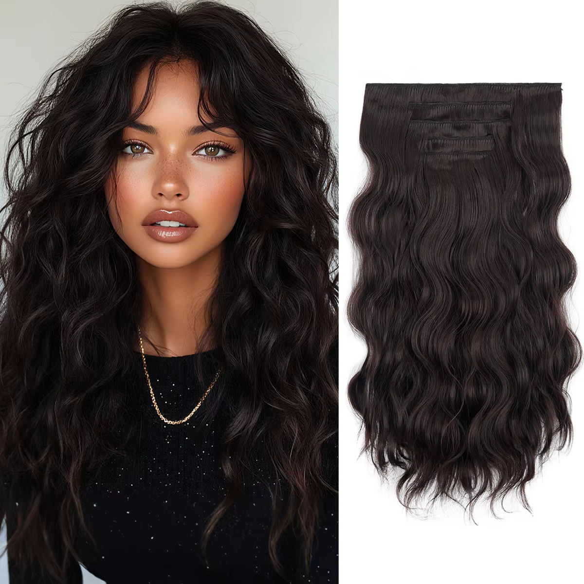 Extension capillaire synthétique longue bouclée noire résistante à la chaleur, 20 pouces, 5 pièces/e