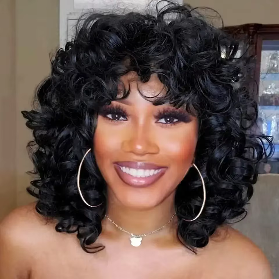 Tereshar perruque synthétique courte Afro bouclée avec frange grande perruque bouclée crépue courte 