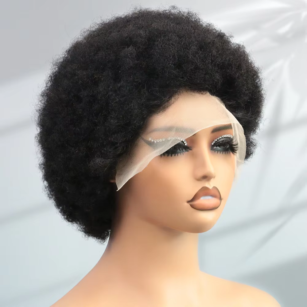 Perruque courte afro naturelle coupe pixie en cheveux humains, perruque frontale en dentelle transpa