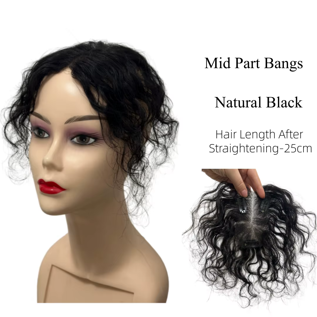 Topper de cheveux humains bouclés avec frange, 100% cheveux naturels, postiche à clipser, base en de