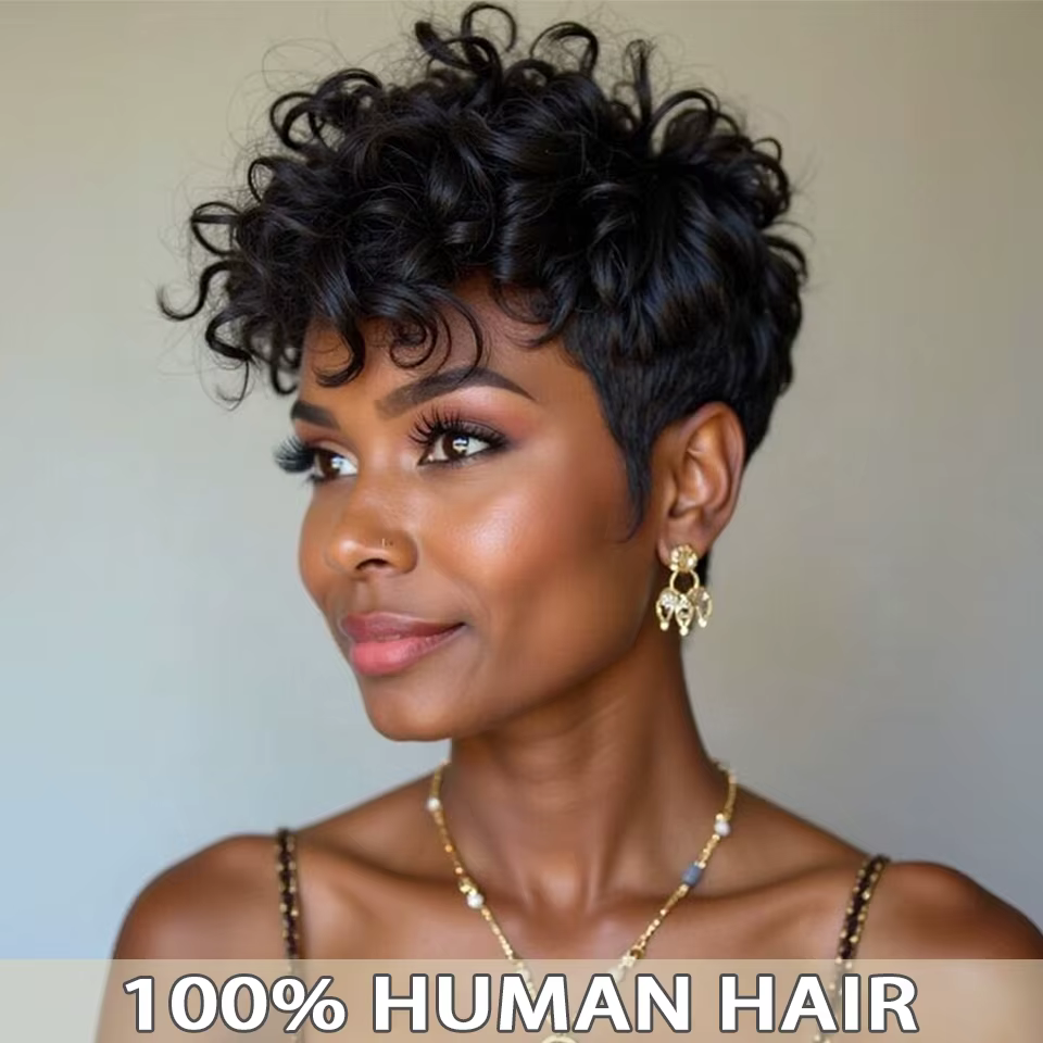 Perruque Pixie Cut, densité 180%, cheveux raides de 6 pouces, bonnet en filet rose, cheveux humains