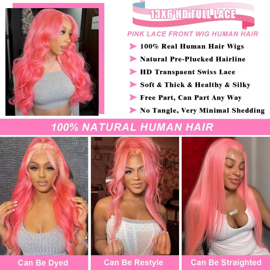 Pink Human Hair Wig Body wave Lace Front Wig 13X4 13X6 Hd Lace Frontal Wig Brazilian Hair 38 Inch Co
