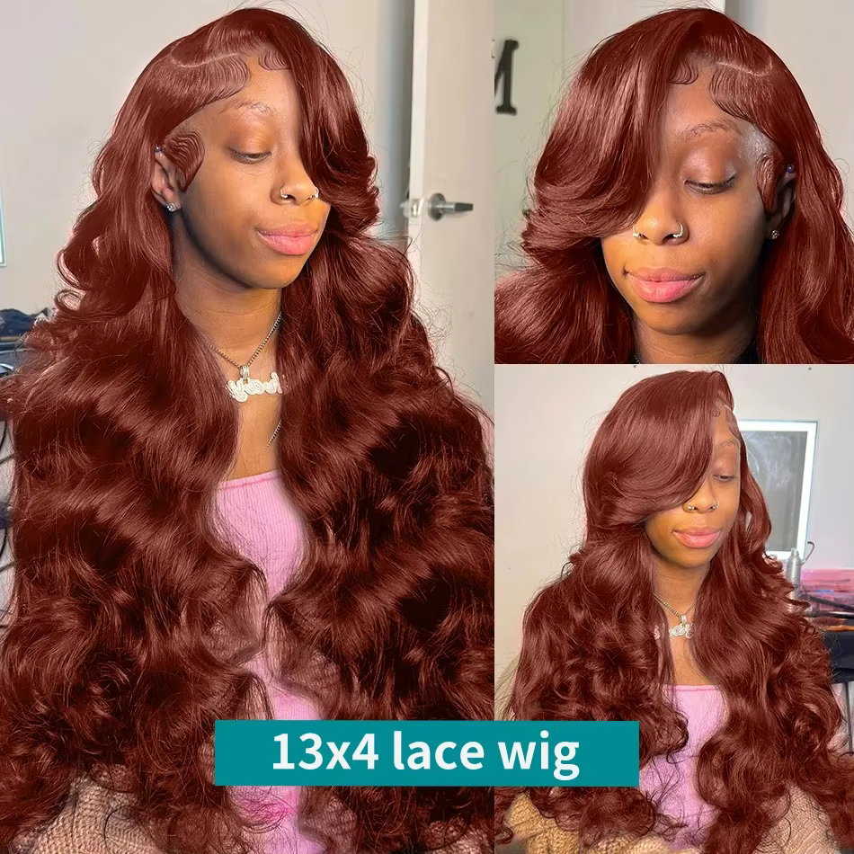 Perruque Lace Front Wig Body Wave naturelle, cheveux roux, brun foncé, 13x6 HD, 13x4, pre-plucked, e