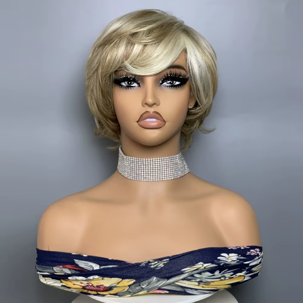 Perruque en cheveux humains ondulés sans lacet F8/60 #   Perruque courte de style pixie avec frange,