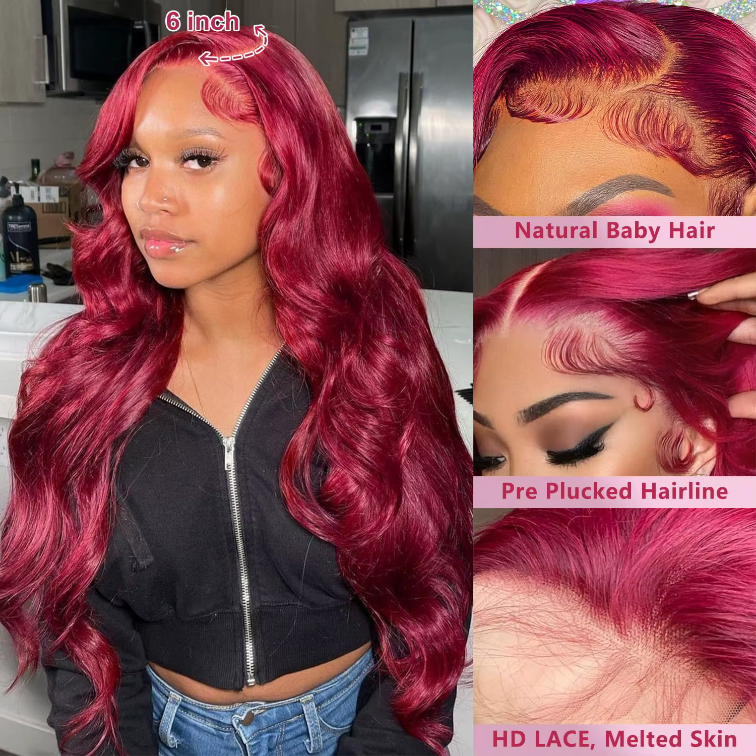 Perruque Lace Front Wig Body Wave Naturelle pour Femme, Cheveux Humains, Bordeaux 99J, 13x6 HD, Pre-