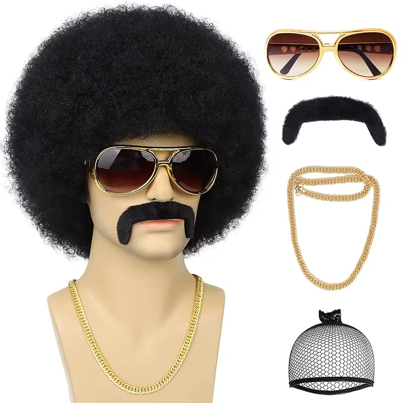 Perruque Afro pour hommes des années 70 pour fête Disco, ensemble de 5 pièces de perruques synthétiq