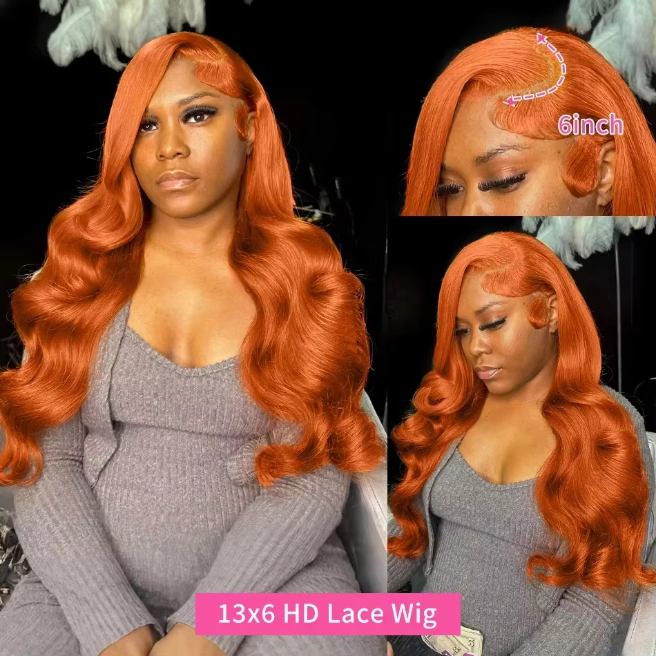 Perruques frontales en dentelle HD 13x6 Body Wave Ginger Orange, cheveux humains brésiliens # 350 pe