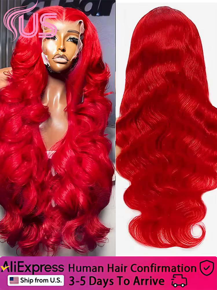 Perruque Lace Frontal Wig Body Wave brésilienne naturelle, cheveux humains Hd, couleur rouge vif, 13